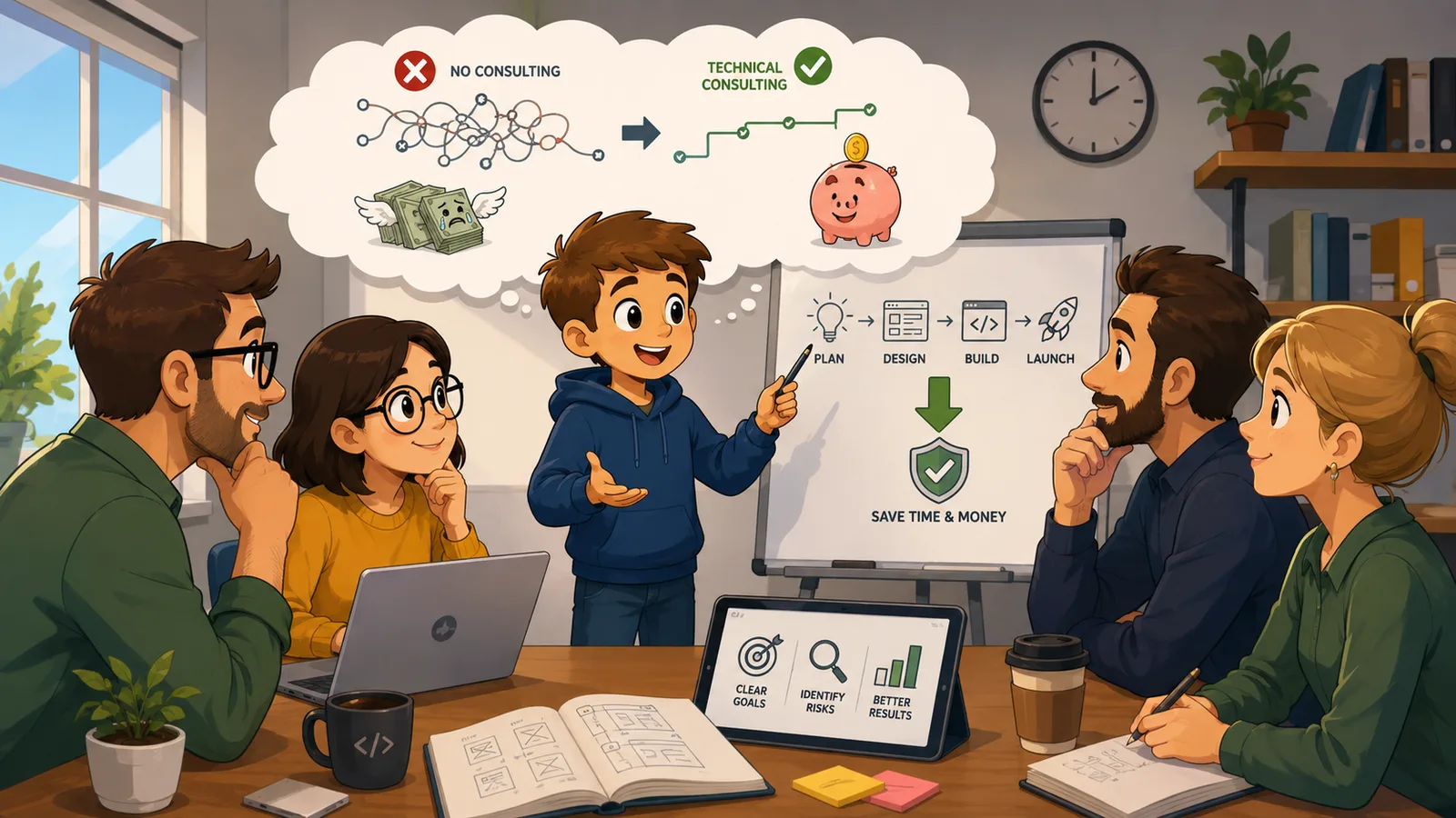 Echipă de specialiști analizând împreună o schemă de arhitectură software într-o sesiune de consultanță, într-un birou modern