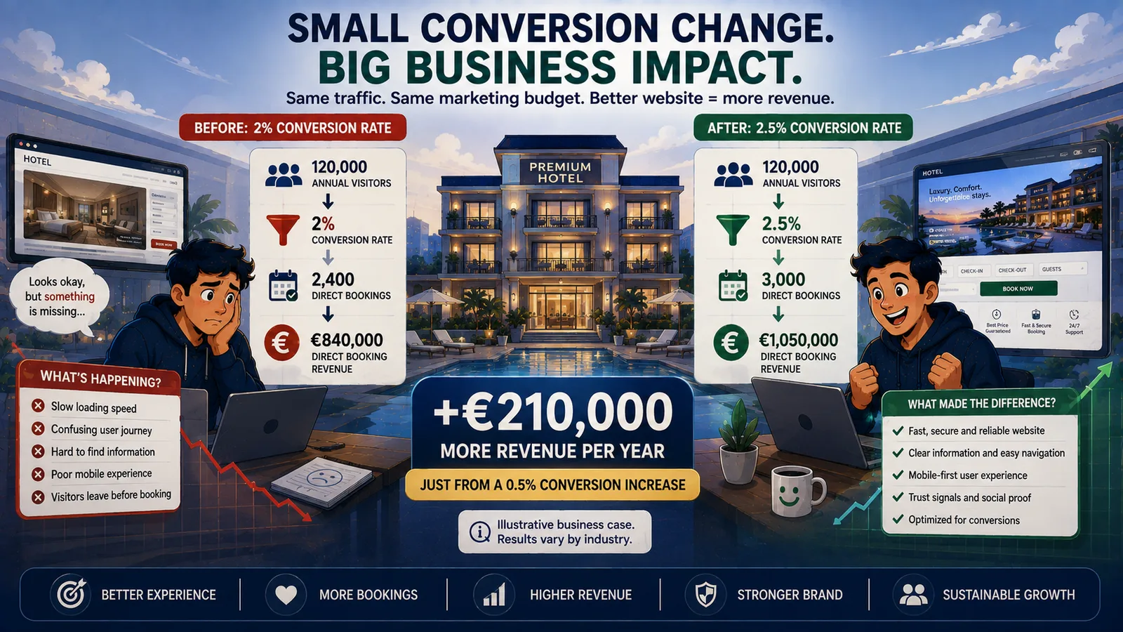 O mică schimbare a ratei de conversie, un impact mare în business: de la 2% la 2,5% înseamnă +210.000 € pe an