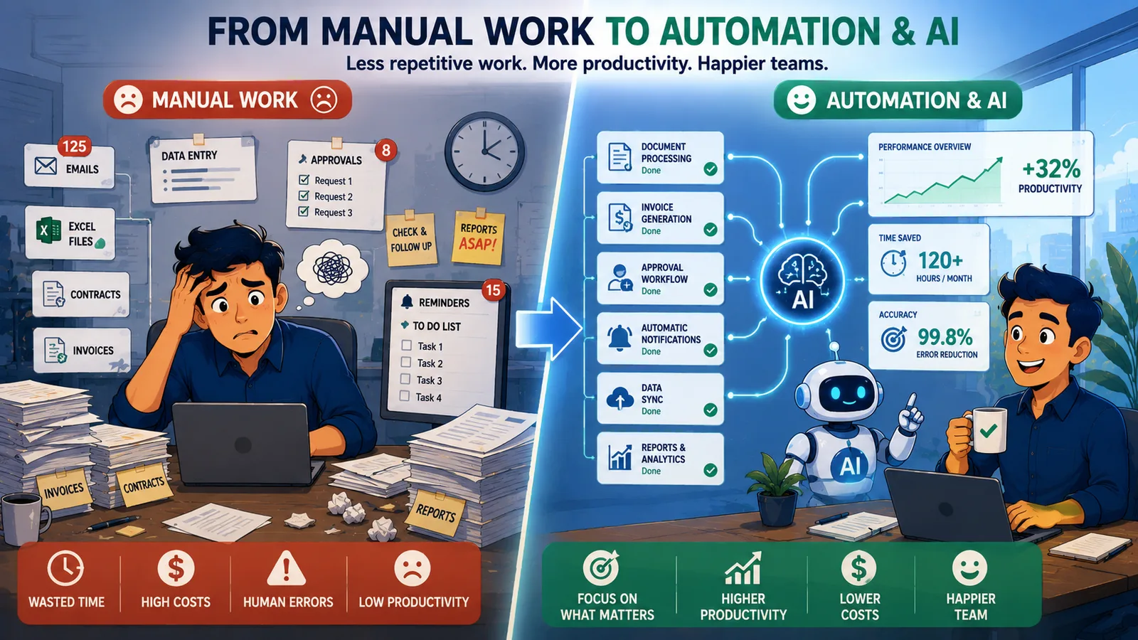 Automatizare și AI — mai puțină muncă repetitivă, mai multă productivitate pentru echipe