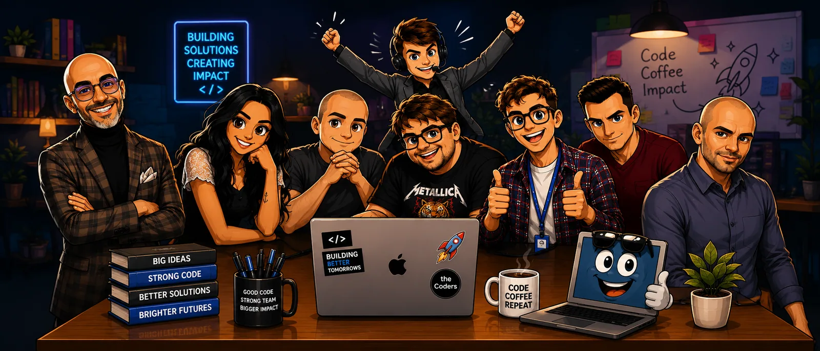 Ilustrație cu echipa theCoders în jurul unui birou, cu laptopuri, căni și cărți, sub un neon pe care scrie Building Solutions Creating Impact
