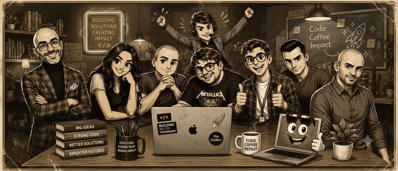 Ilustrație cu echipa theCoders în jurul unui birou, cu laptopuri, căni și cărți, sub un neon pe care scrie Building Solutions Creating Impact